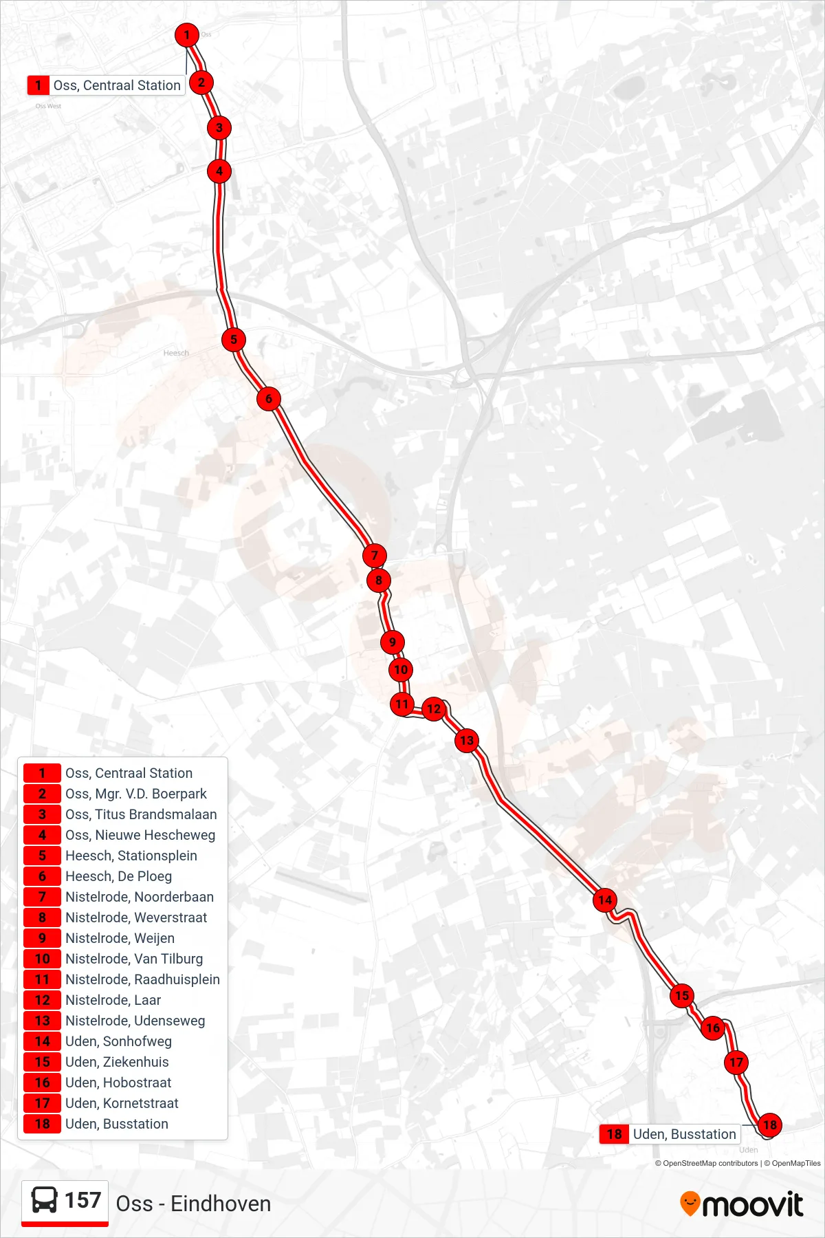 157 bus Line (Uden) route and stops on a map