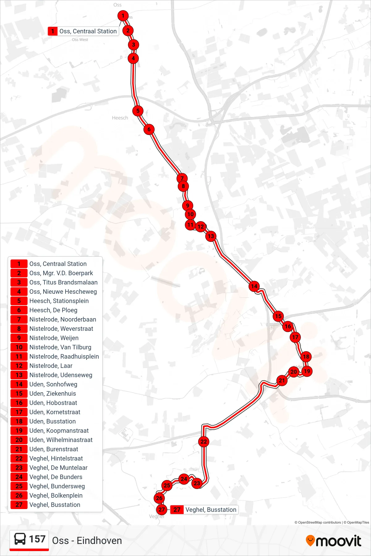 157 bus Line (Veghel) route and stops on a map