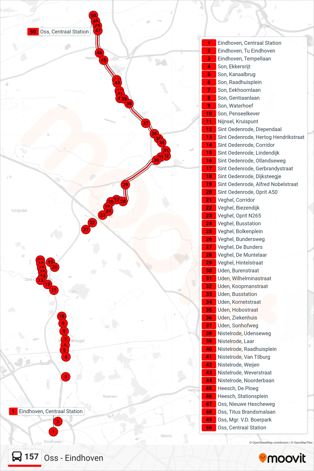 Lijn 157 (bus, Oss): route en haltes op de kaart