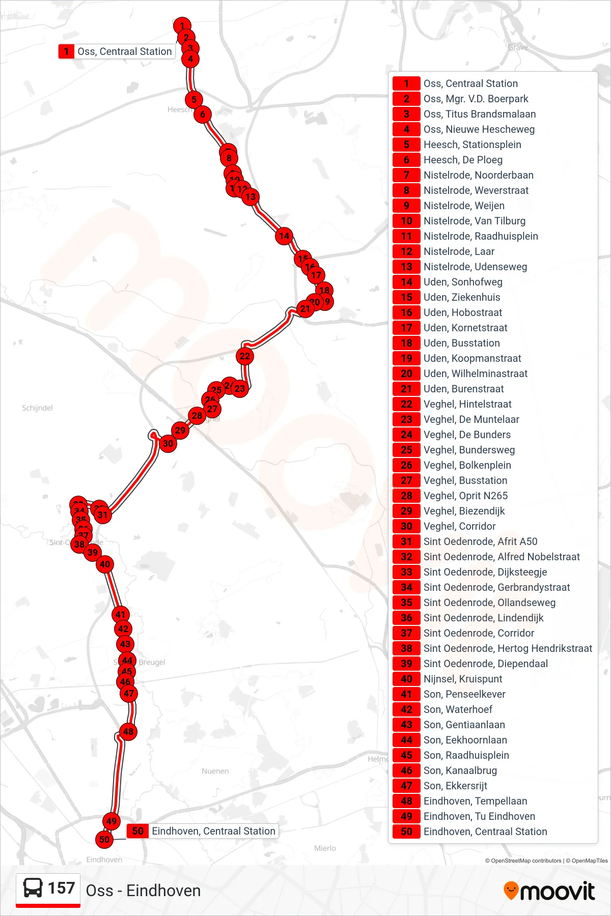 157 bus Line (Eindhoven) route and stops on a map