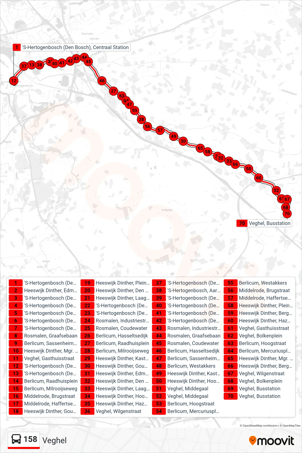 158 bus Line (Veghel) route and stops on a map