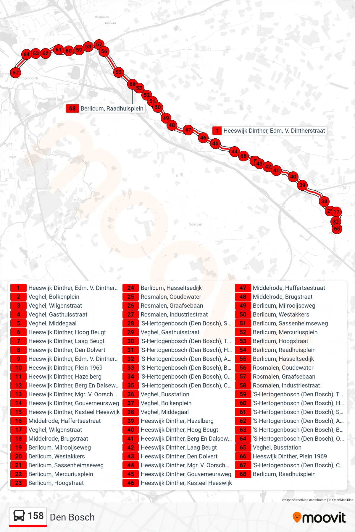 Lijn 158 (bus, Den Bosch): route en haltes op de kaart