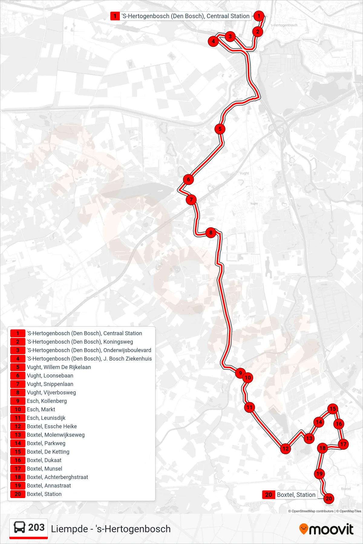203 bus Line (Boxtel) route and stops on a map