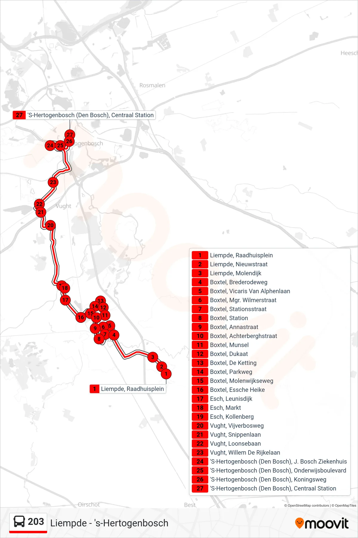 Lijn 203 (bus, Den Bosch): route en haltes op de kaart
