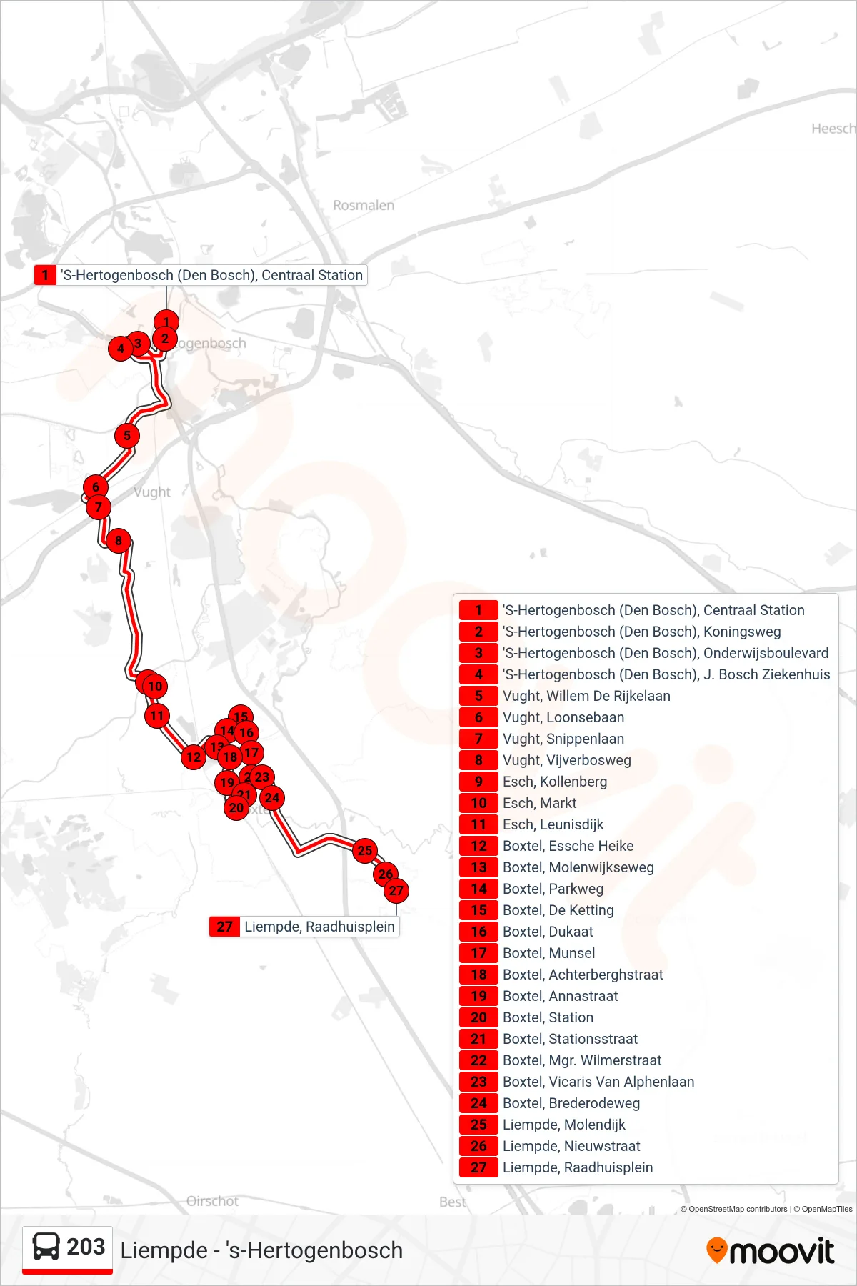 203 bus Line (Liempde) route and stops on a map