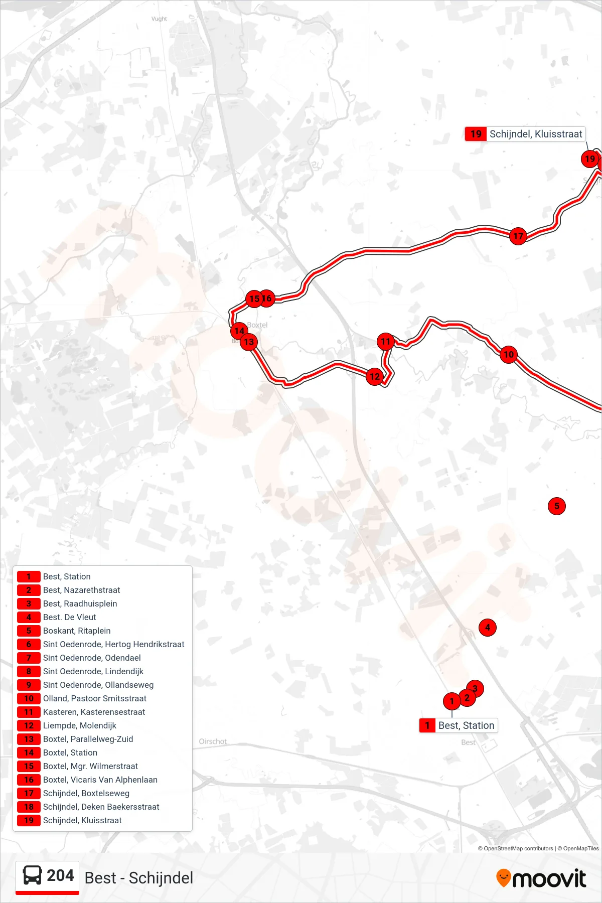 Lijn 204 (bus, Schijndel): route en haltes op de kaart