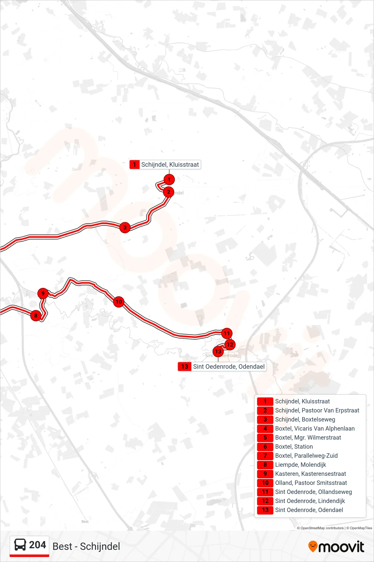 Lijn 204 (bus, Sint Oedenrode): route en haltes op de kaart