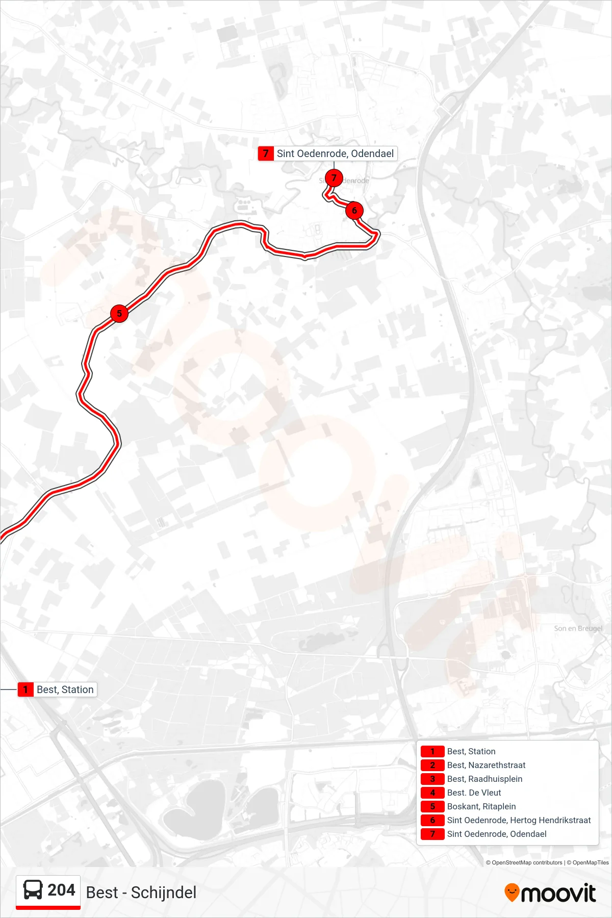 204 bus Line (Sint Oedenrode) route and stops on a map