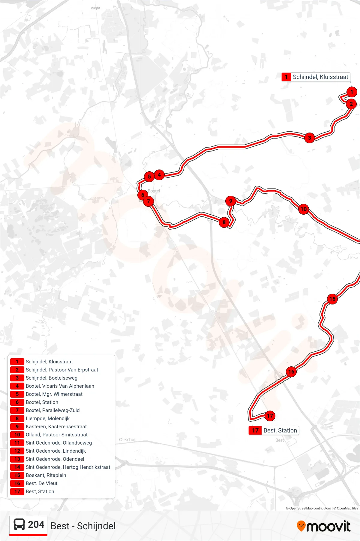 Lijn 204 (bus, Best): route en haltes op de kaart