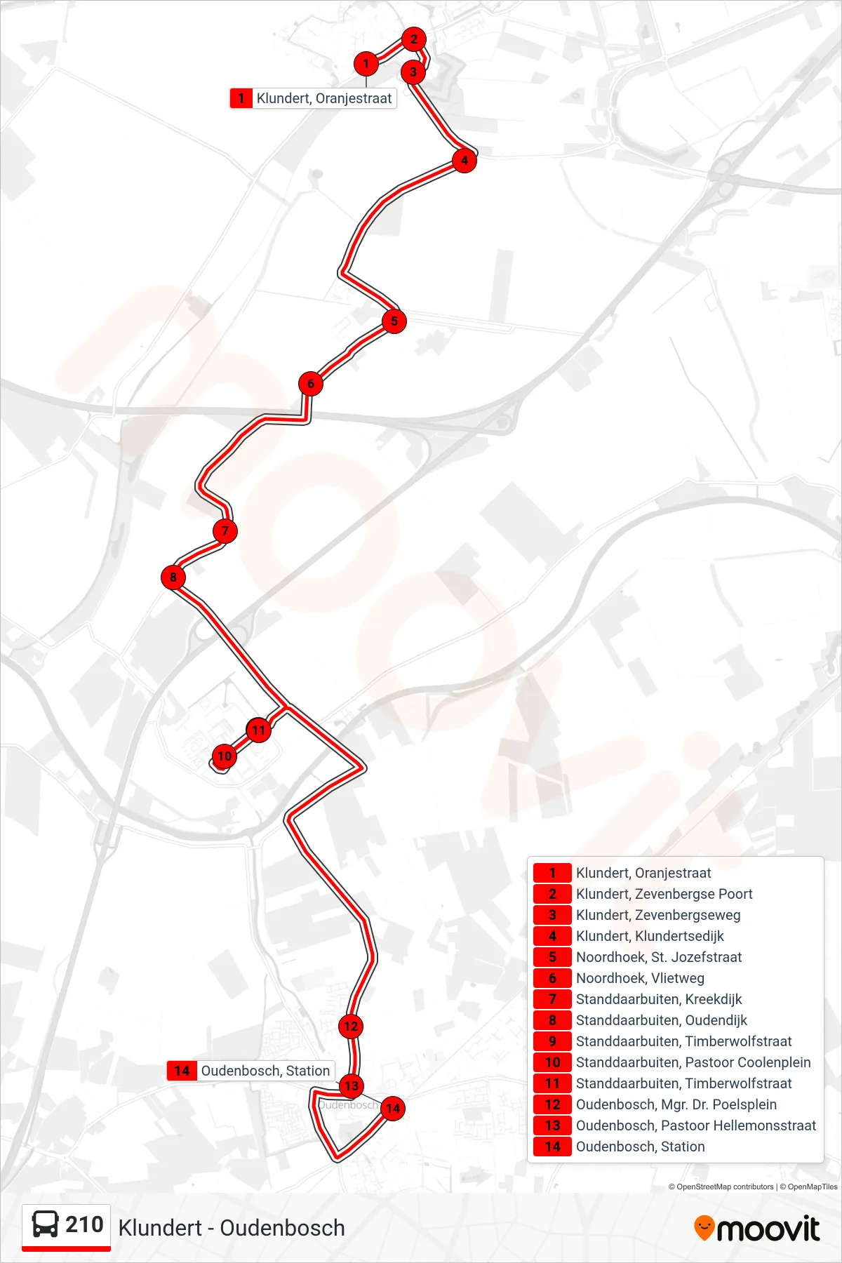 210 bus Line (Oudenbosch) route and stops on a map
