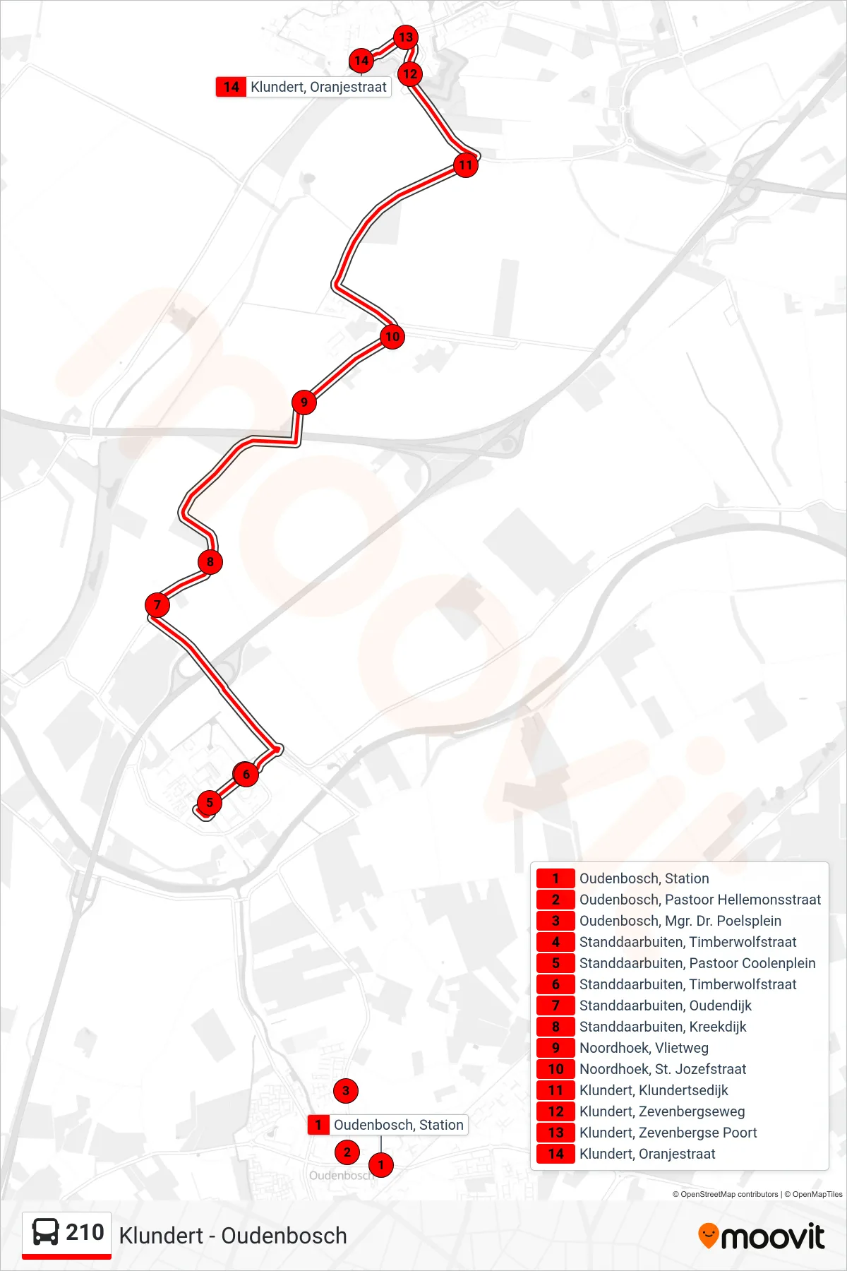 Lijn 210 (bus, Klundert): route en haltes op de kaart