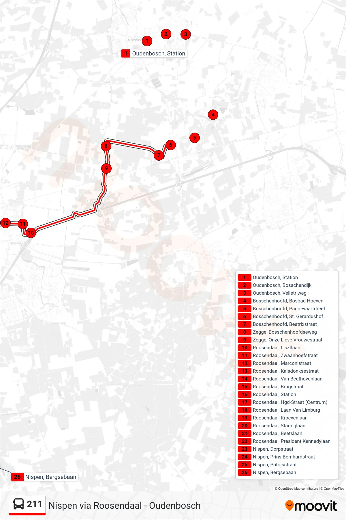 Lijn 211 (bus, Nispen): route en haltes op de kaart