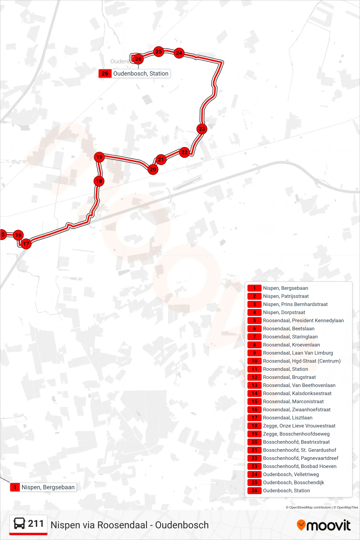 211 bus Line (Oudenbosch) route and stops on a map