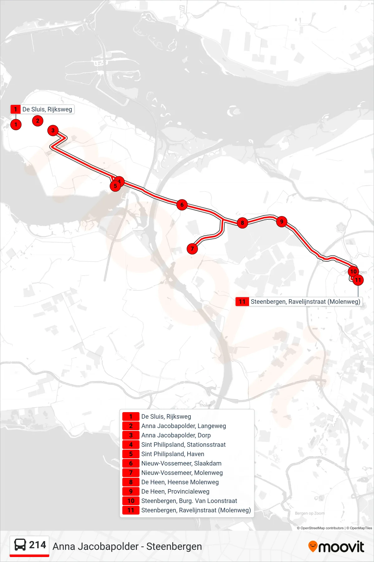 Lijn 214 (bus, Steenbergen): route en haltes op de kaart