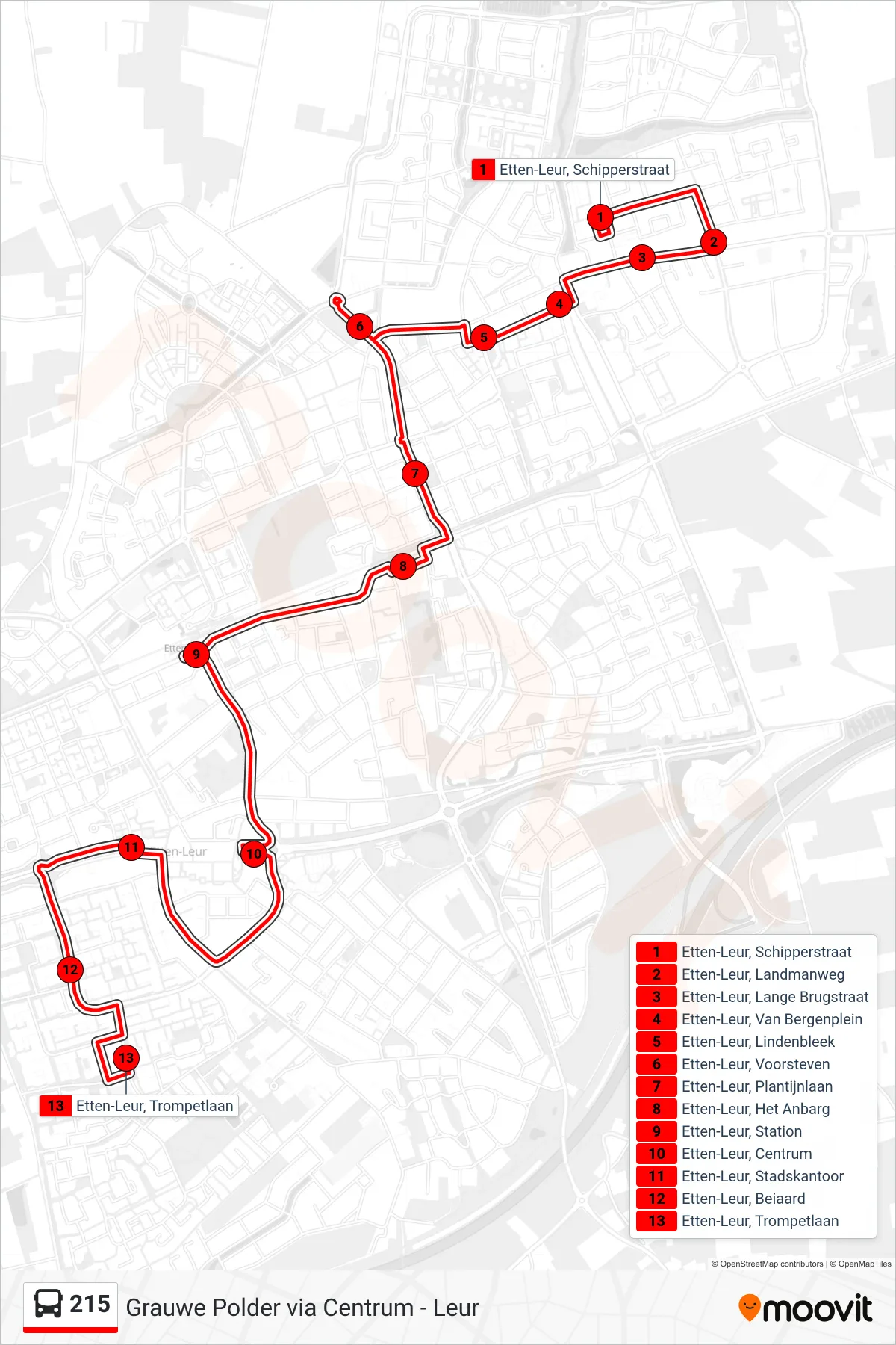 Lijn 215 (bus, Grauwe Polder): route en haltes op de kaart