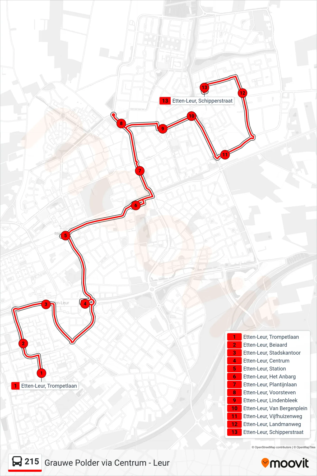 Lijn 215 (bus, Turfschip): route en haltes op de kaart