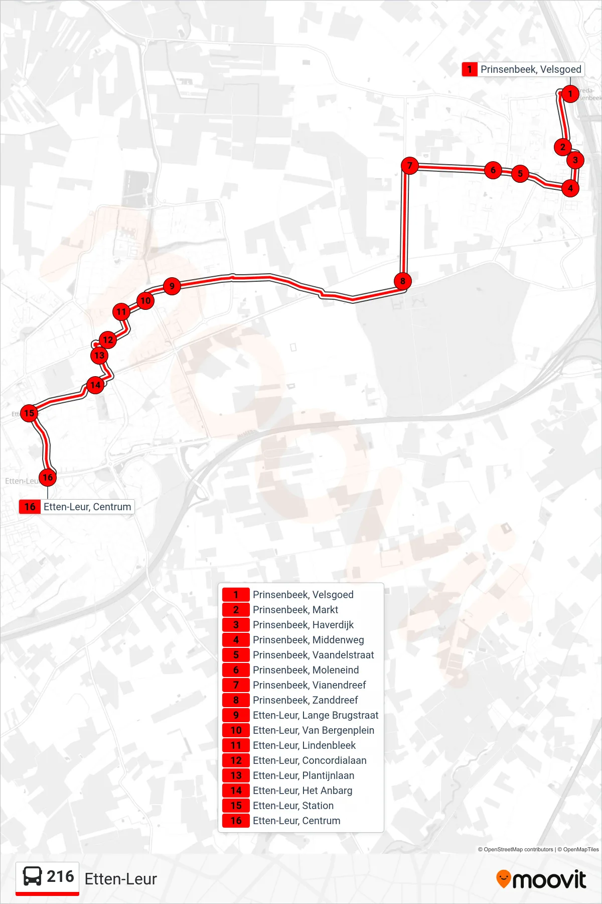 Lijn 216 (bus, Etten-Leur): route en haltes op de kaart