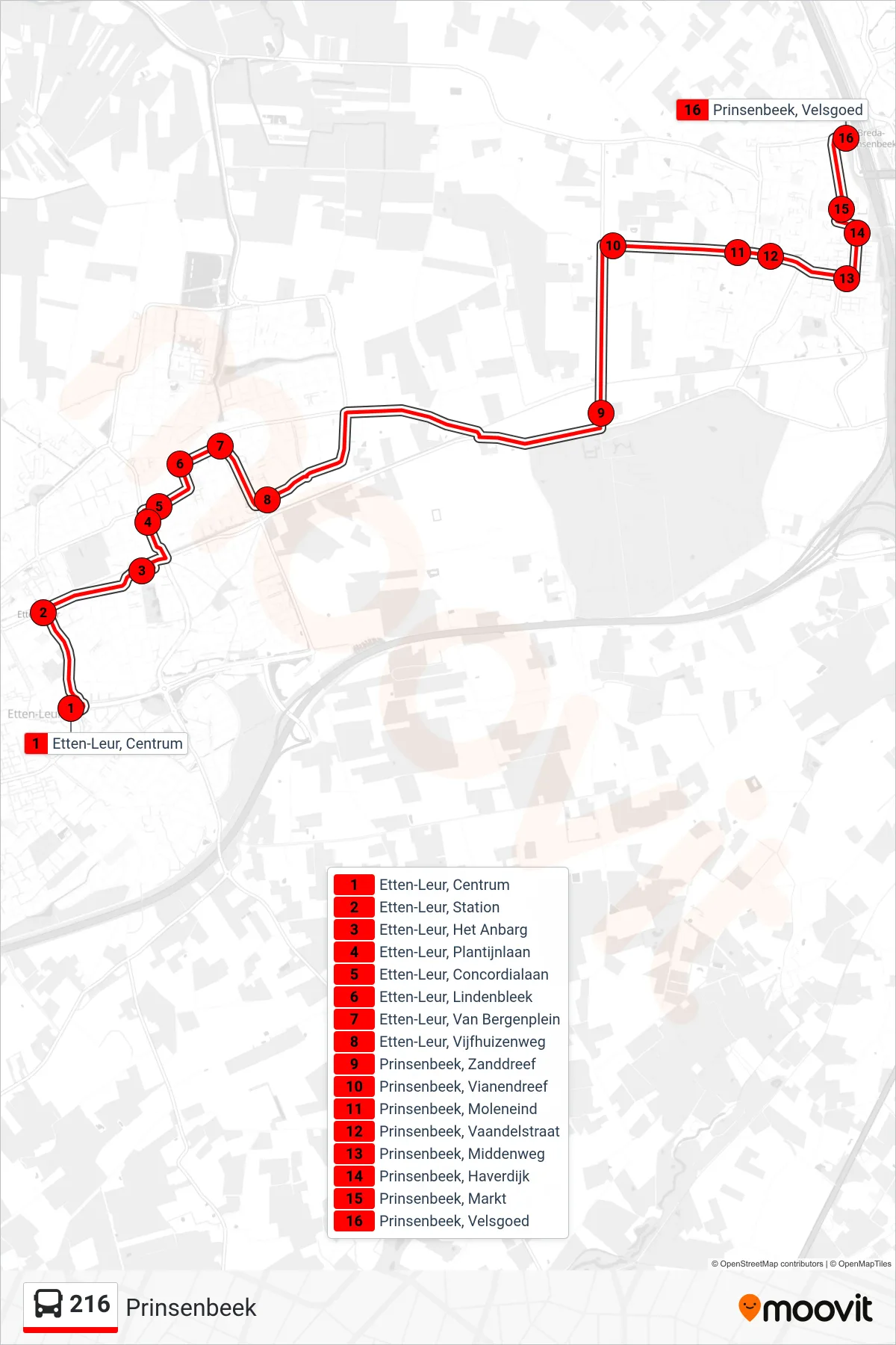 216 bus Line (Prinsenbeek) route and stops on a map