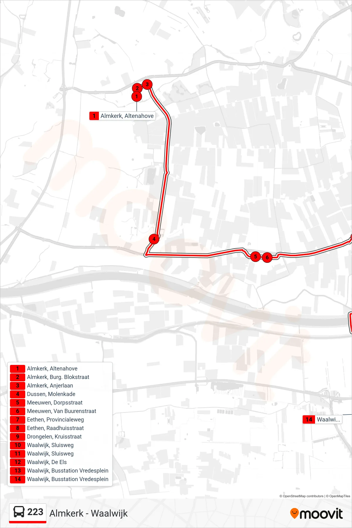 Lijn 223 (bus, Waalwijk): route en haltes op de kaart
