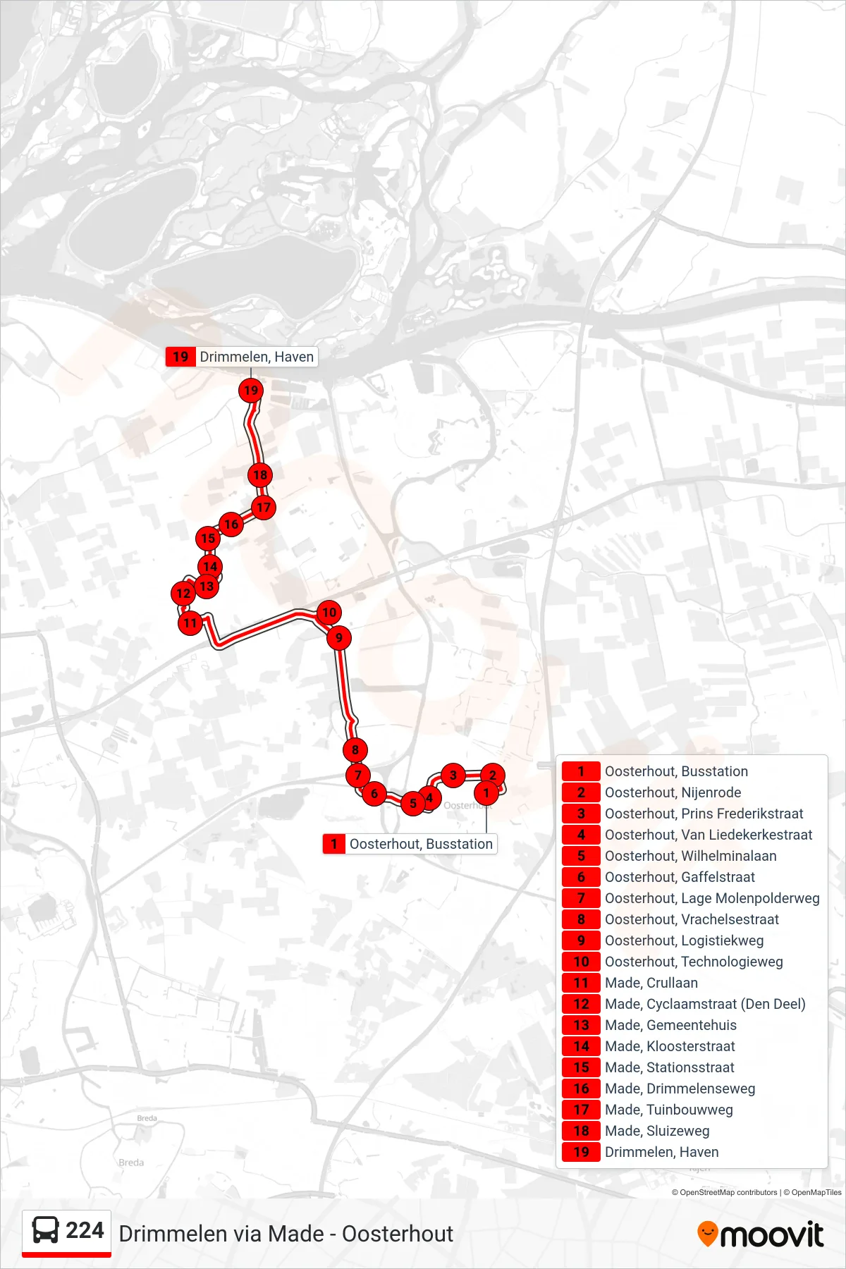 Lijn 224 (bus, Drimmelen): route en haltes op de kaart