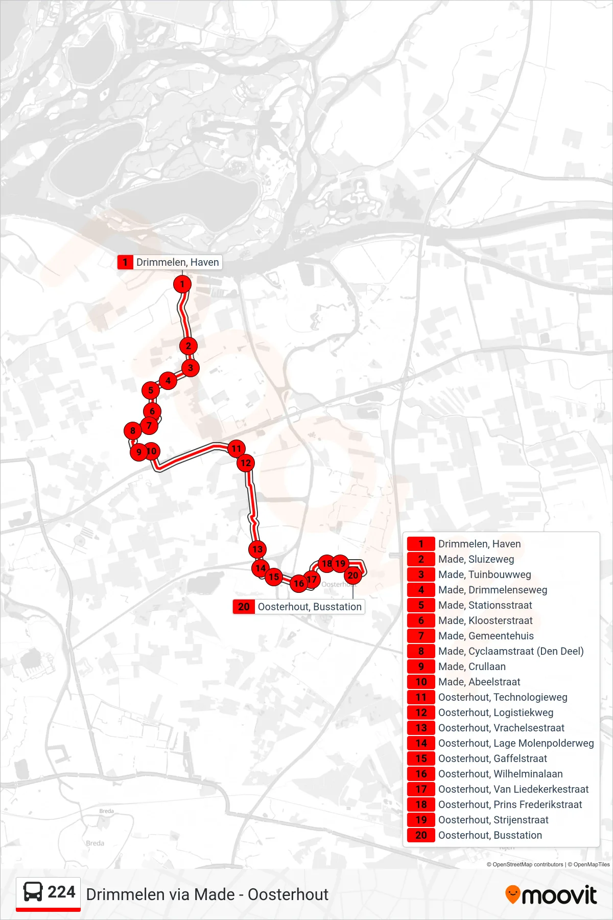 Lijn 224 (bus, Oosterhout): route en haltes op de kaart