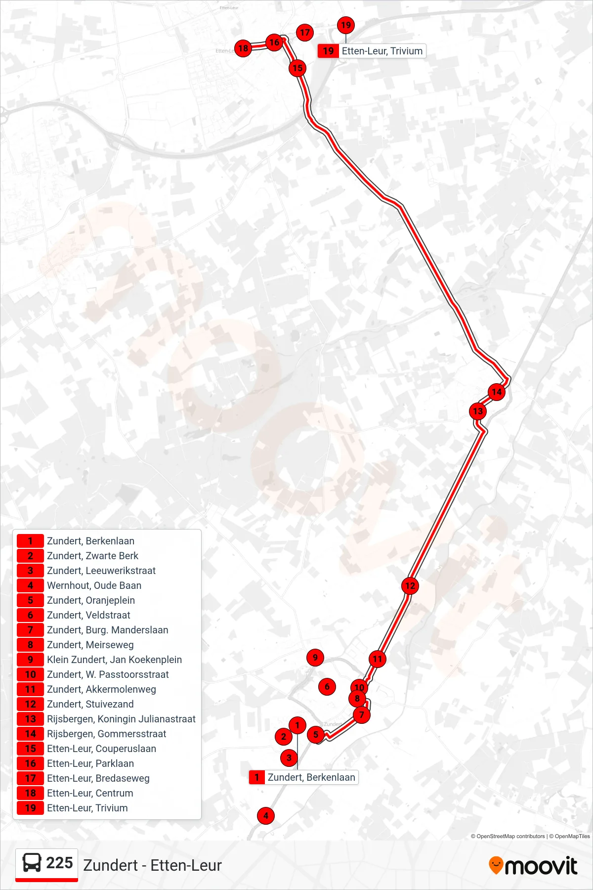 Lijn 225 (bus, Etten-Leur): route en haltes op de kaart