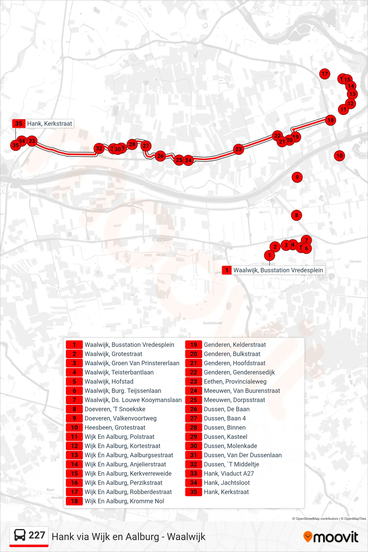 Lijn 227 (bus, Hank): route en haltes op de kaart
