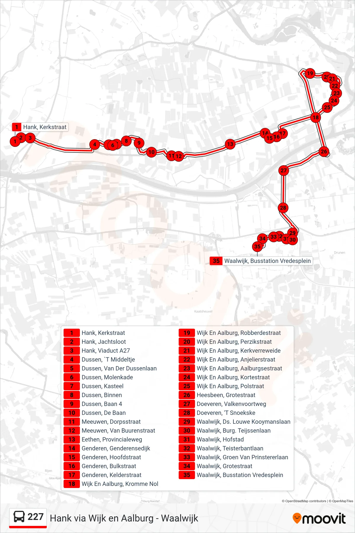Lijn 227 (bus, Waalwijk): route en haltes op de kaart