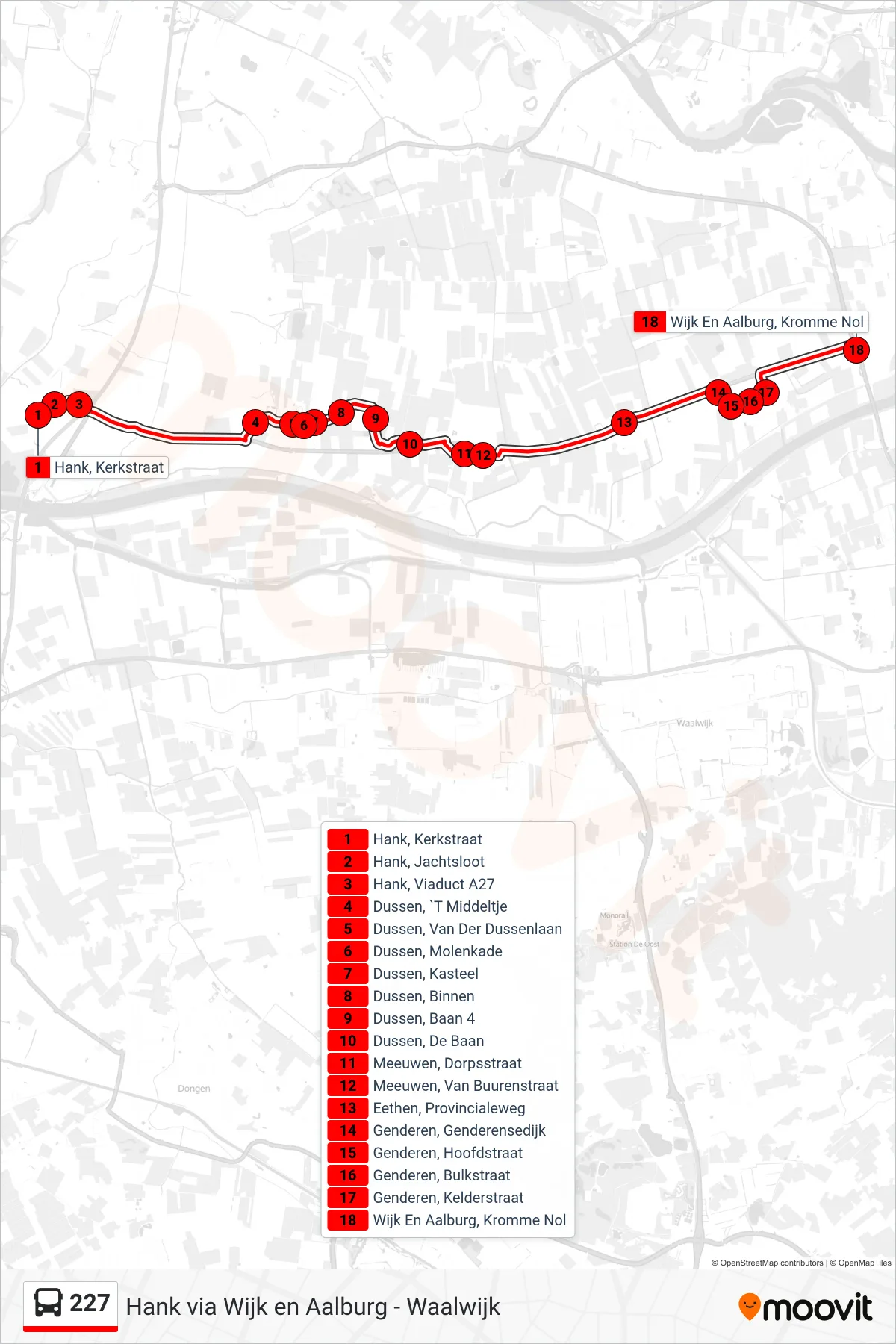 227 bus Line (Kromme Nol) route and stops on a map