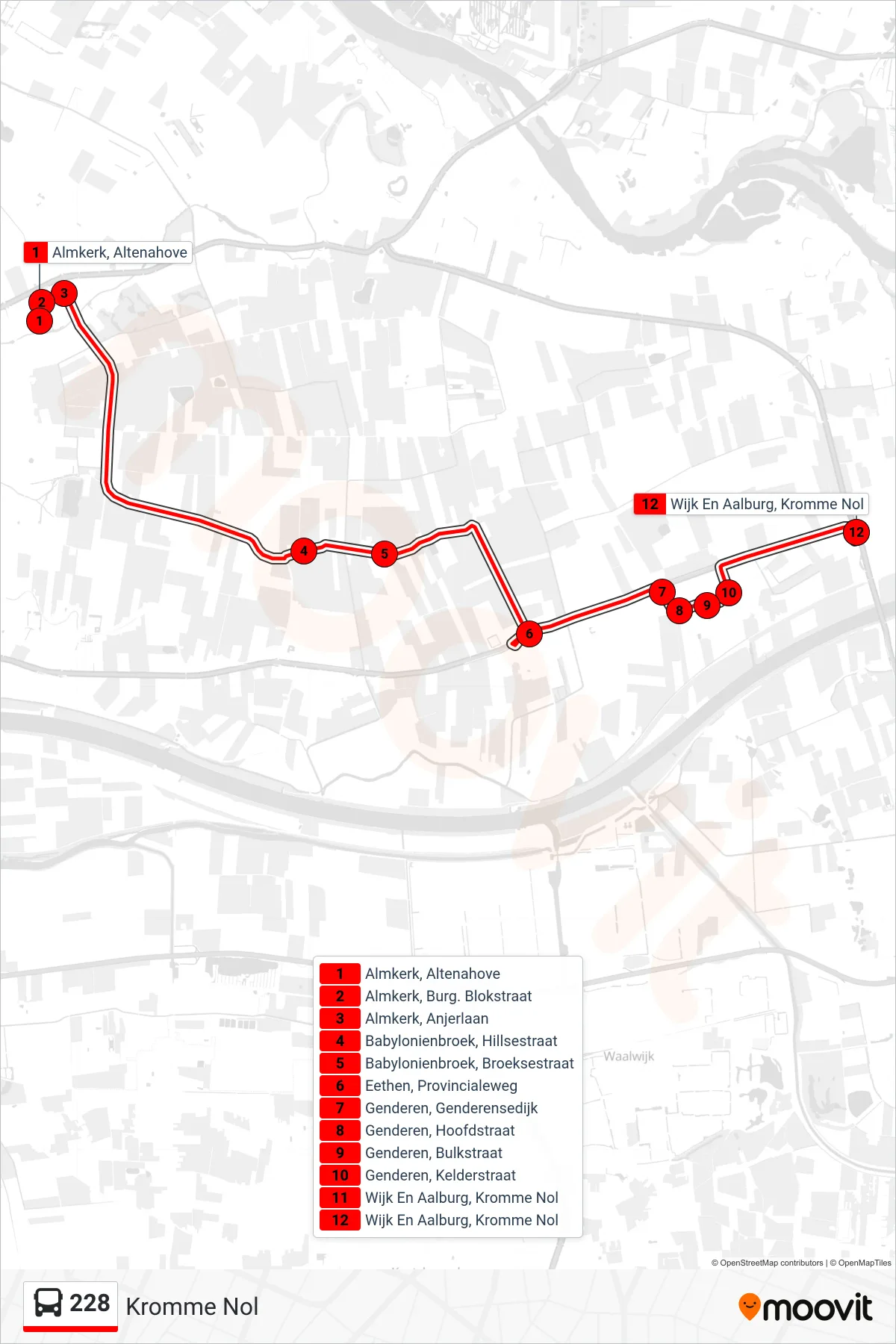 Lijn 228 (bus, Kromme Nol): route en haltes op de kaart