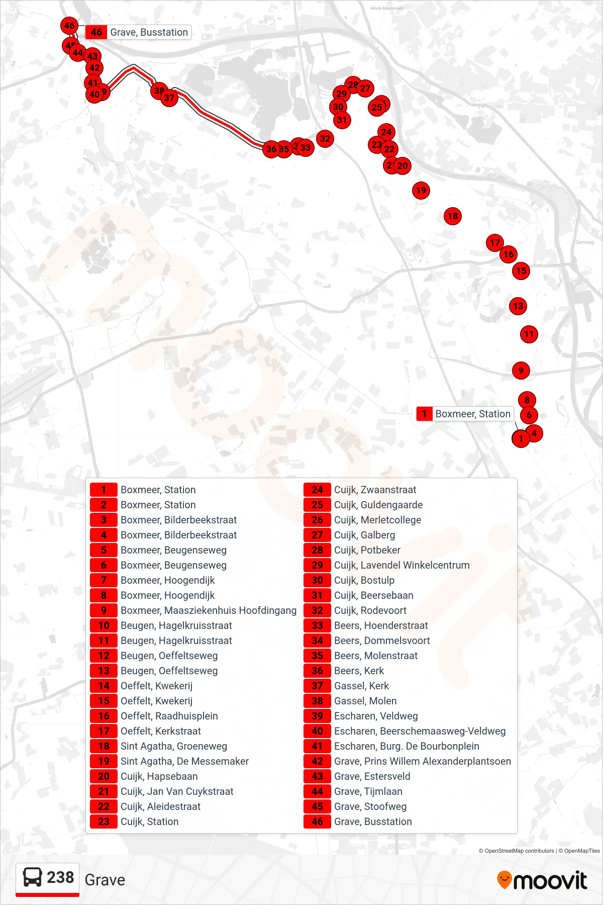 Lijn 238 (bus, Grave): route en haltes op de kaart