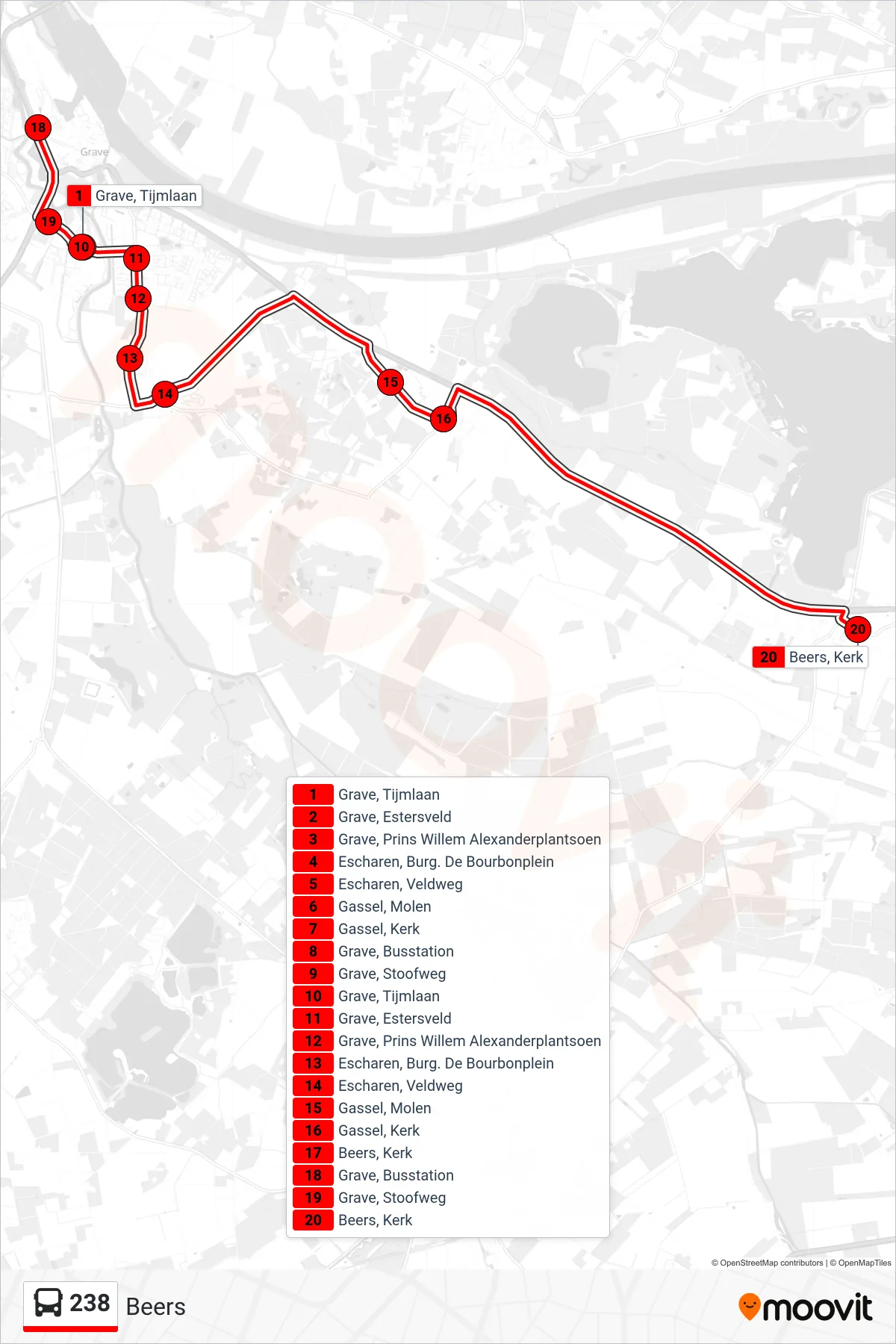 Lijn 238 (bus, Beers): route en haltes op de kaart