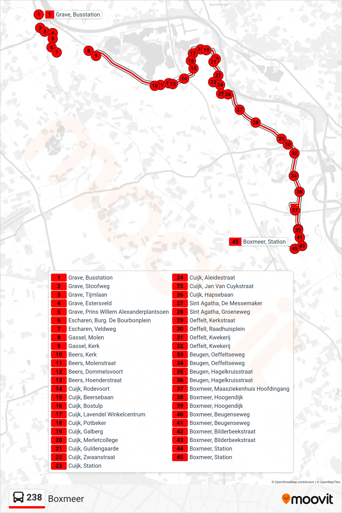 Lijn 238 (bus, Boxmeer): route en haltes op de kaart