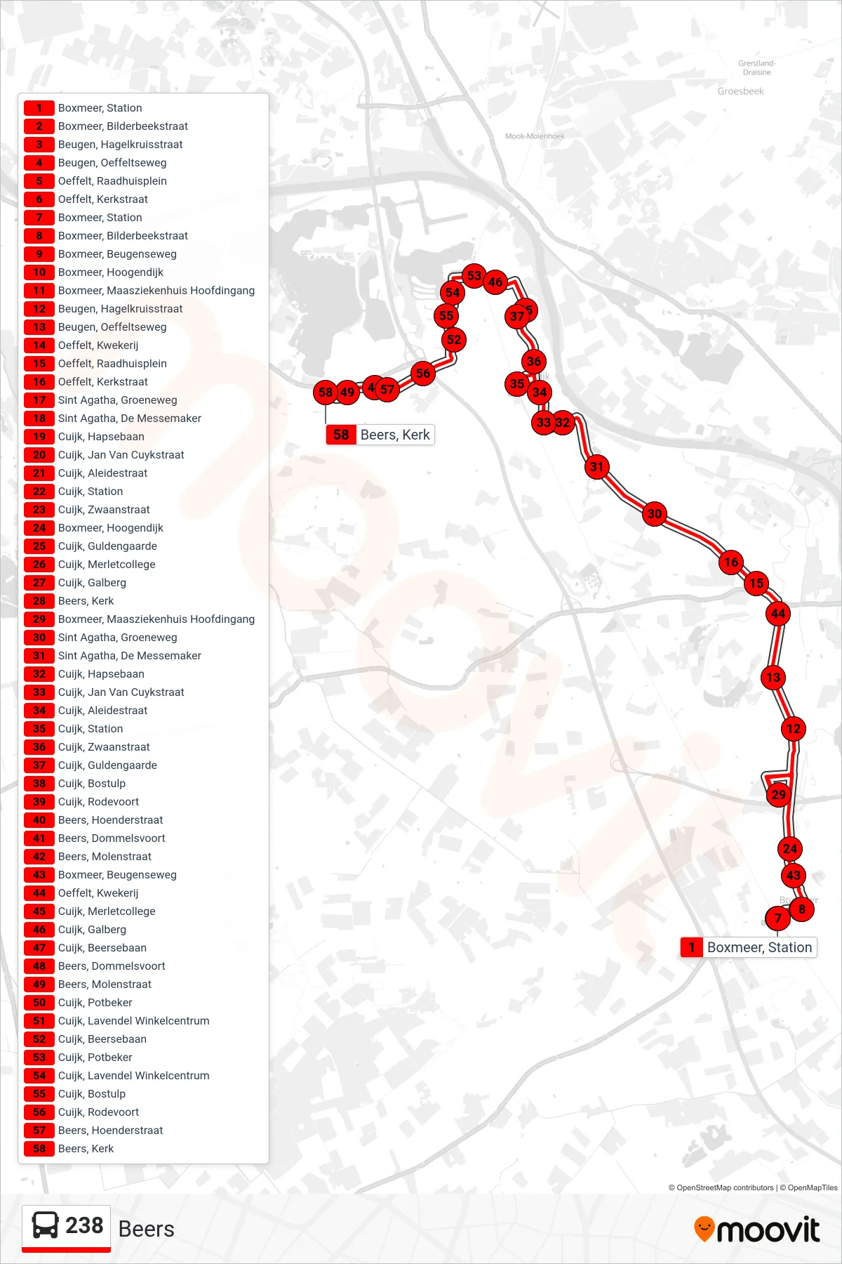 Lijn 238 (bus, Beers): route en haltes op de kaart
