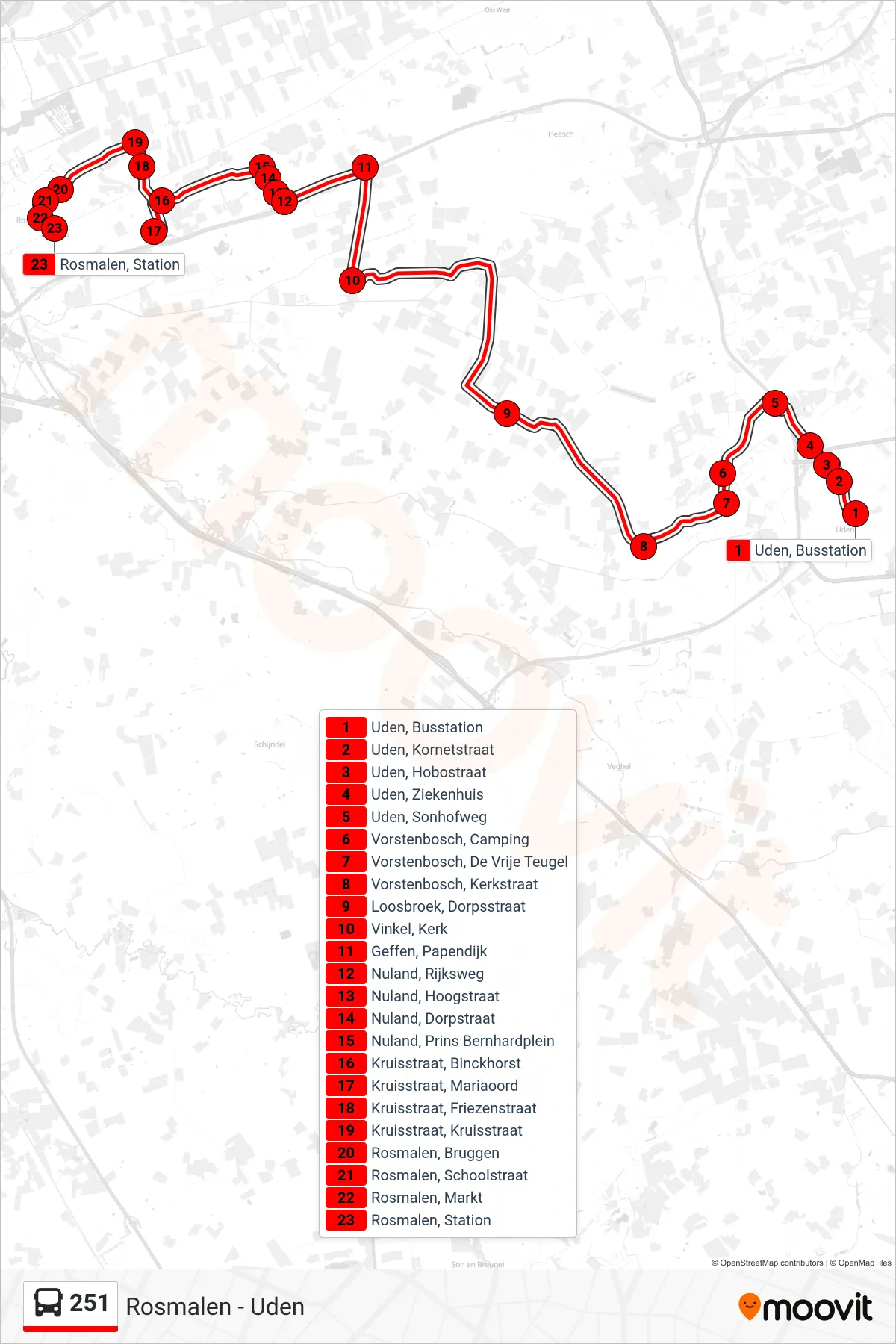 Lijn 251 (bus, Rosmalen): route en haltes op de kaart