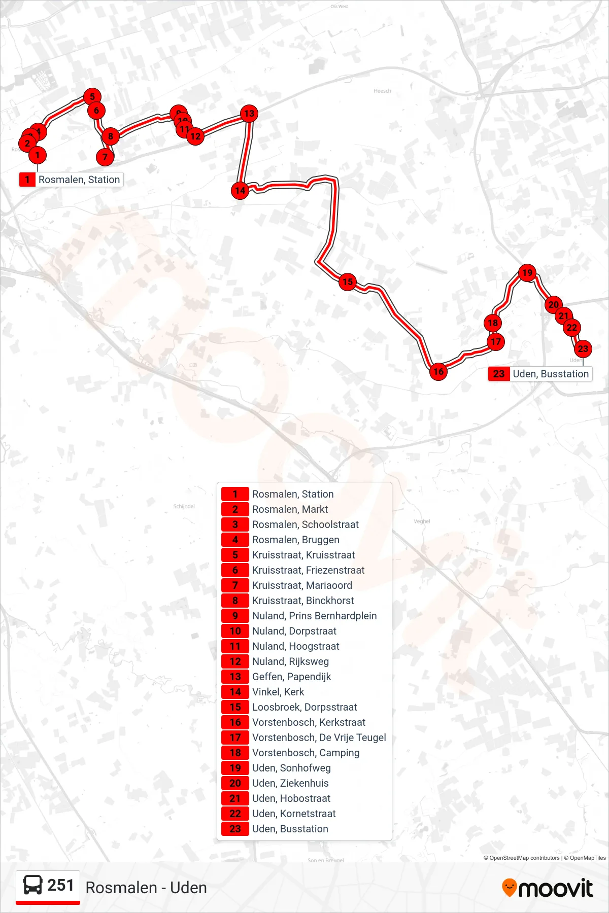 251 bus Line (Uden) route and stops on a map
