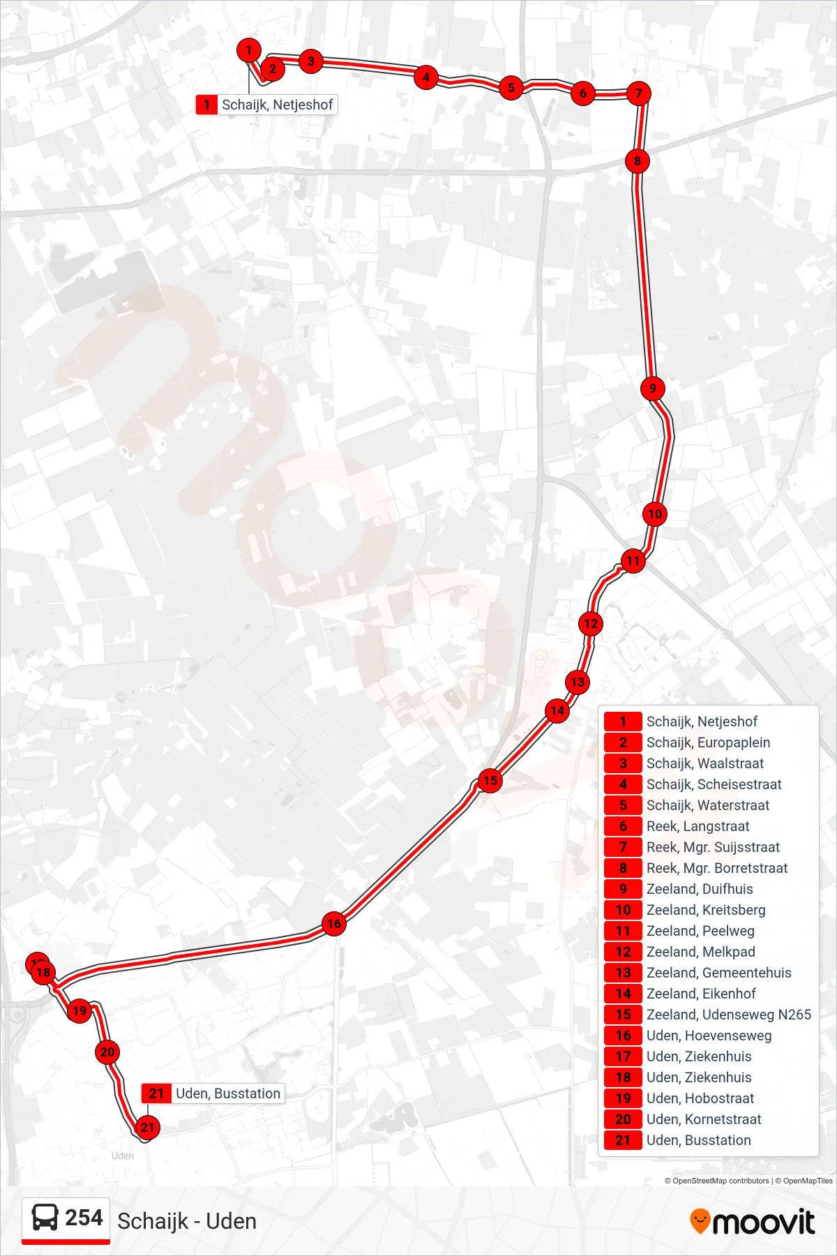 Lijn 254 (bus, Uden): route en haltes op de kaart