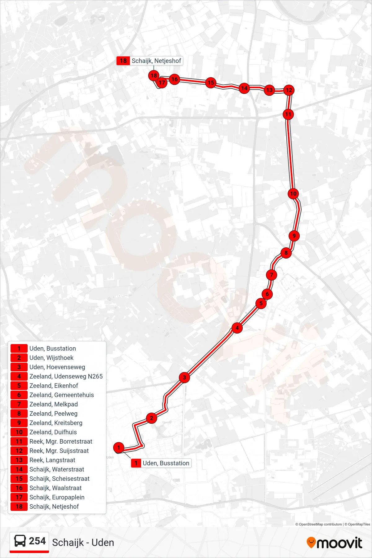 Lijn 254 (bus, Schaijk): route en haltes op de kaart