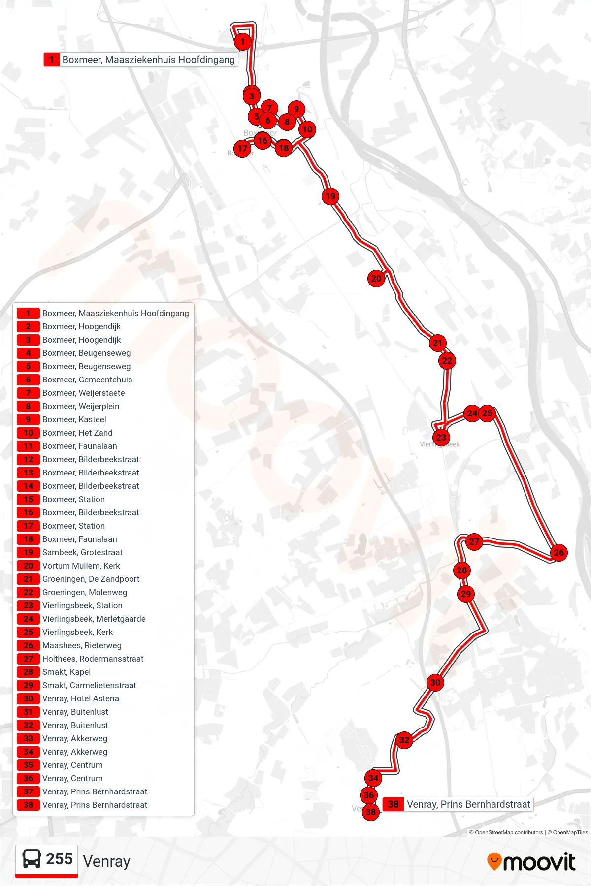 Lijn 255 (bus, Venray): route en haltes op de kaart