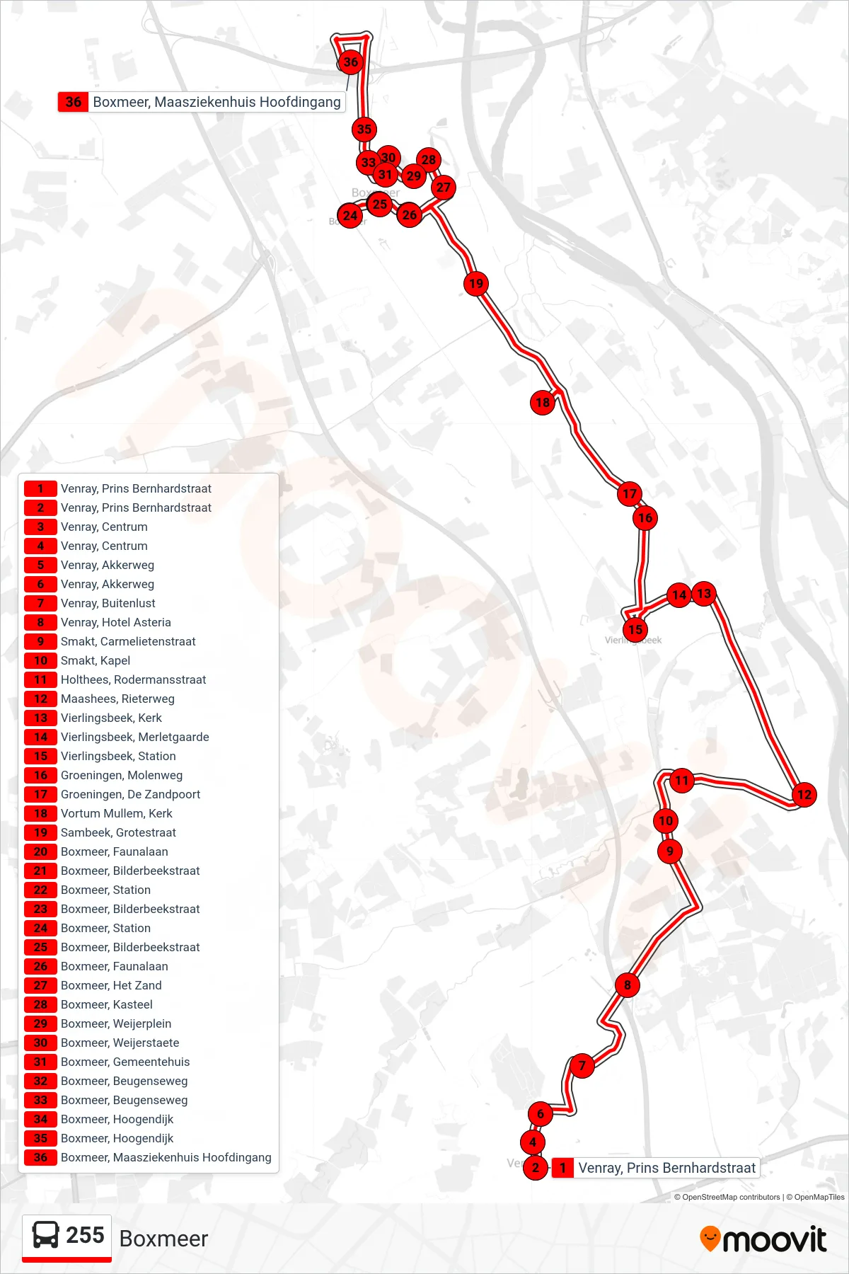 Lijn 255 (bus, Boxmeer): route en haltes op de kaart
