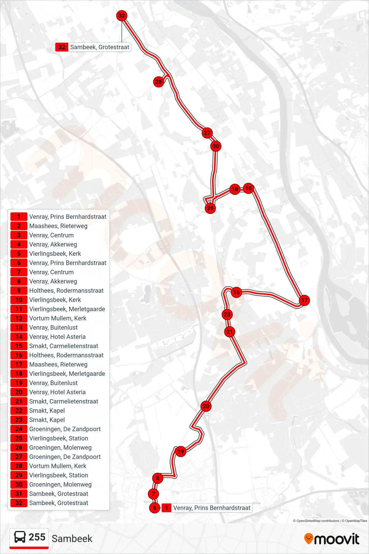 255 bus Line (Sambeek) route and stops on a map