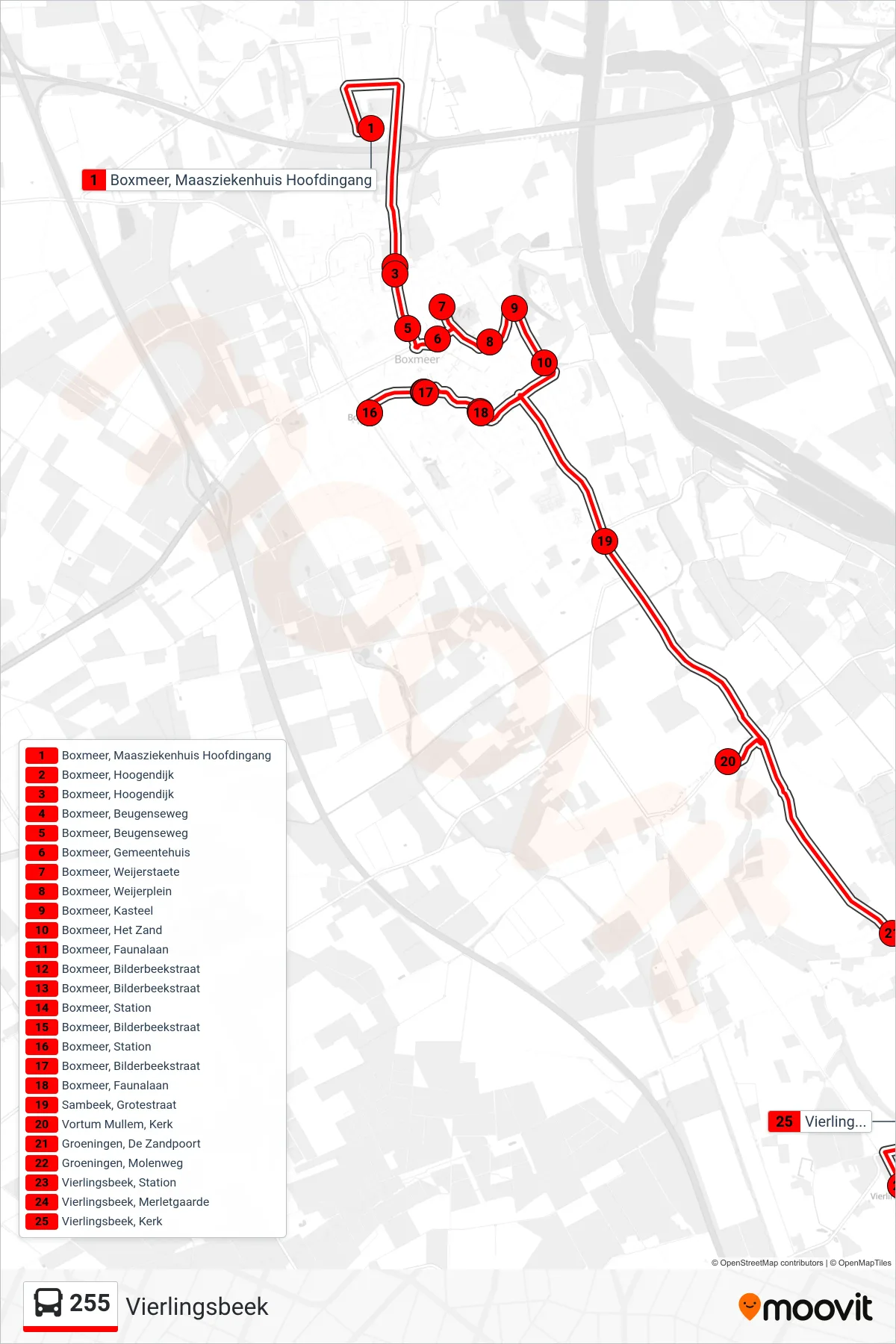 Lijn 255 (bus, Vierlingsbeek): route en haltes op de kaart