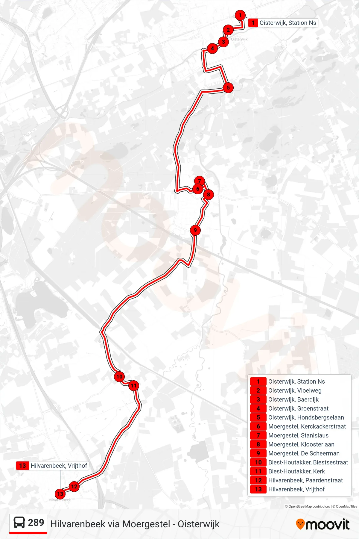 Lijn 289 (bus, Hilvarenbeek): route en haltes op de kaart