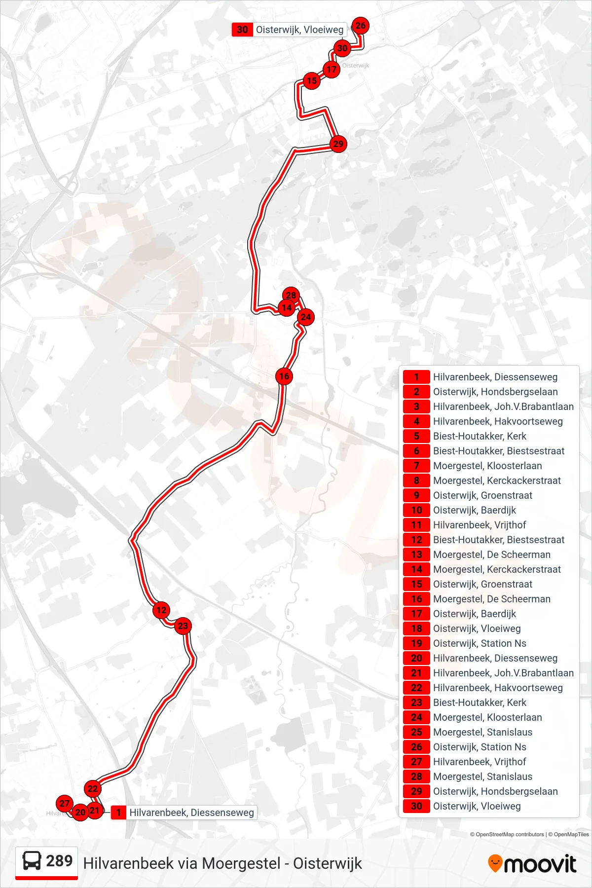 289 bus Line (Oisterwijk) route and stops on a map