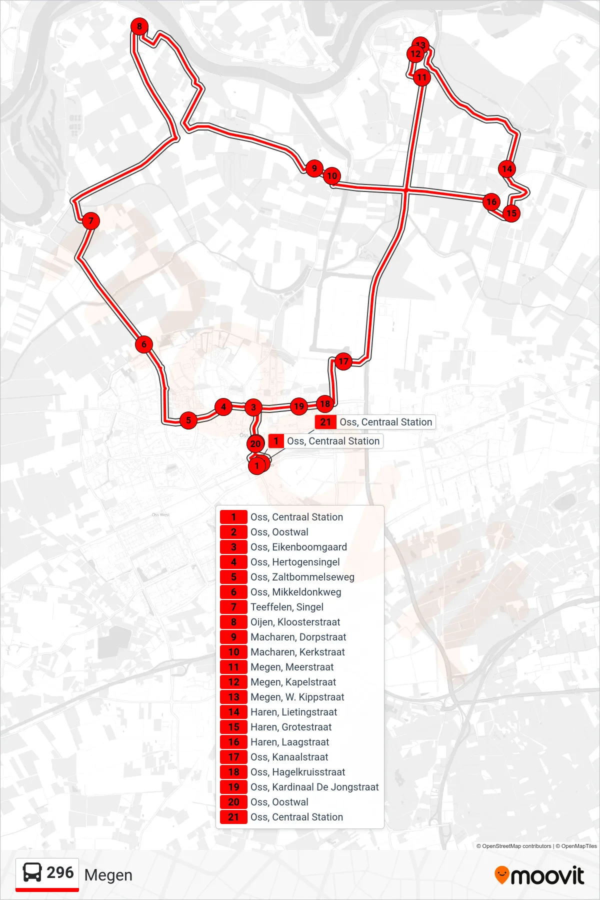 296 bus Line (Megen) route and stops on a map