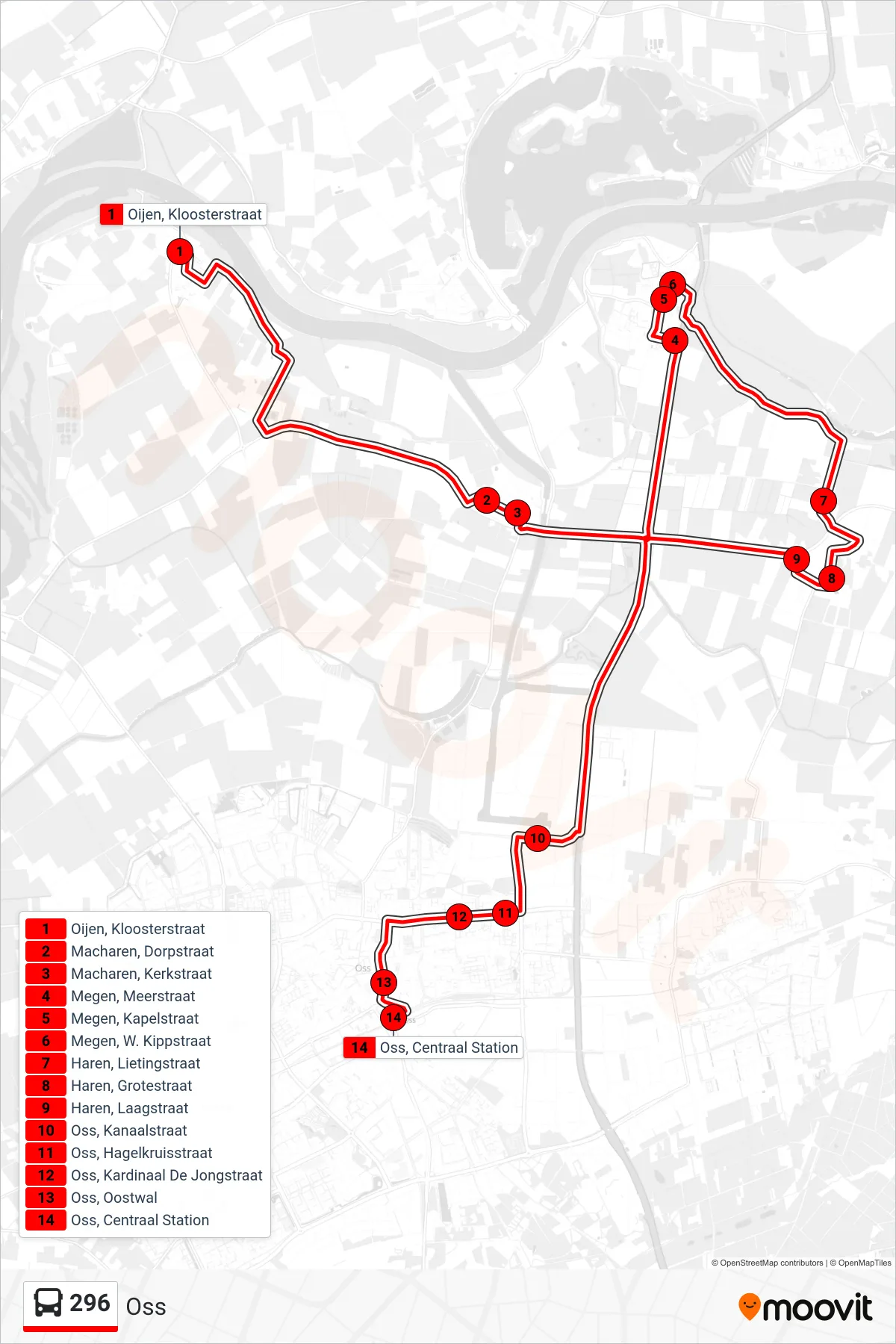 Lijn 296 (bus, Oss): route en haltes op de kaart