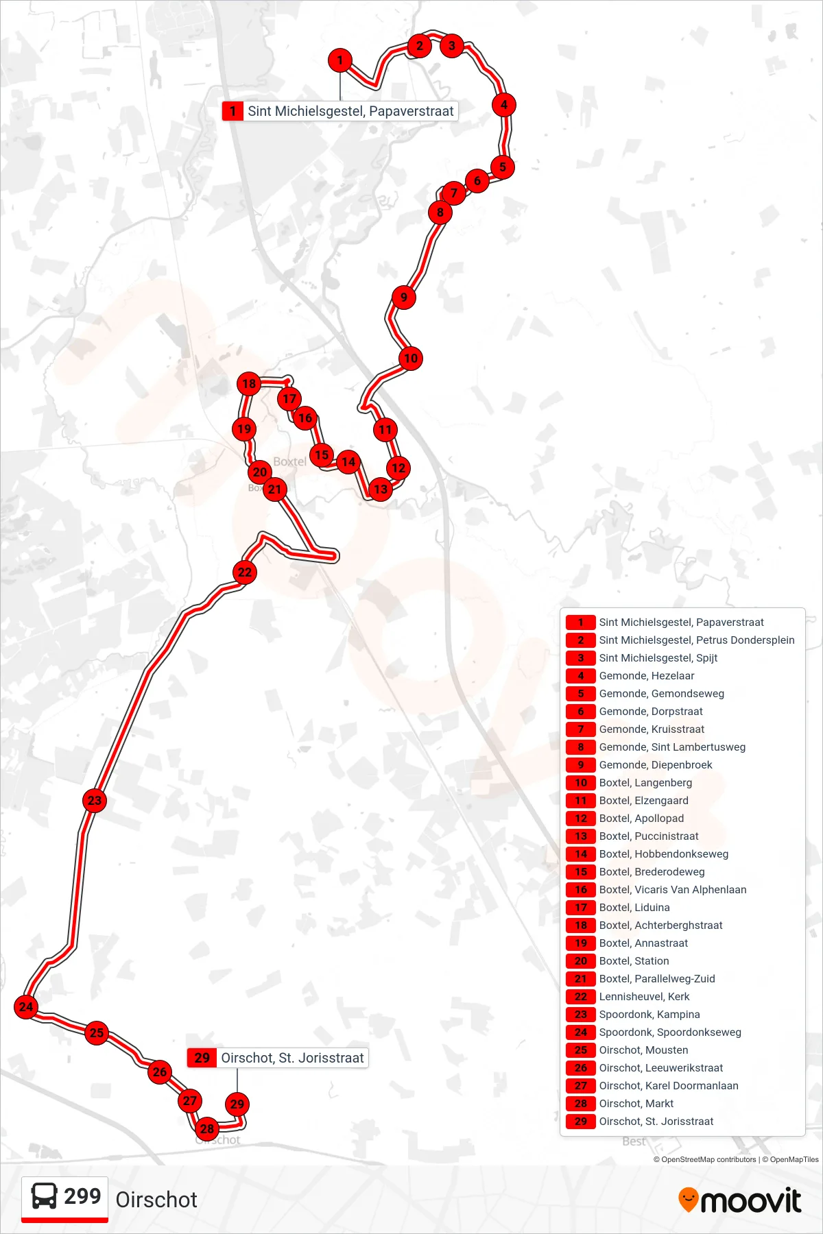 Lijn 299 (bus, Oirschot): route en haltes op de kaart