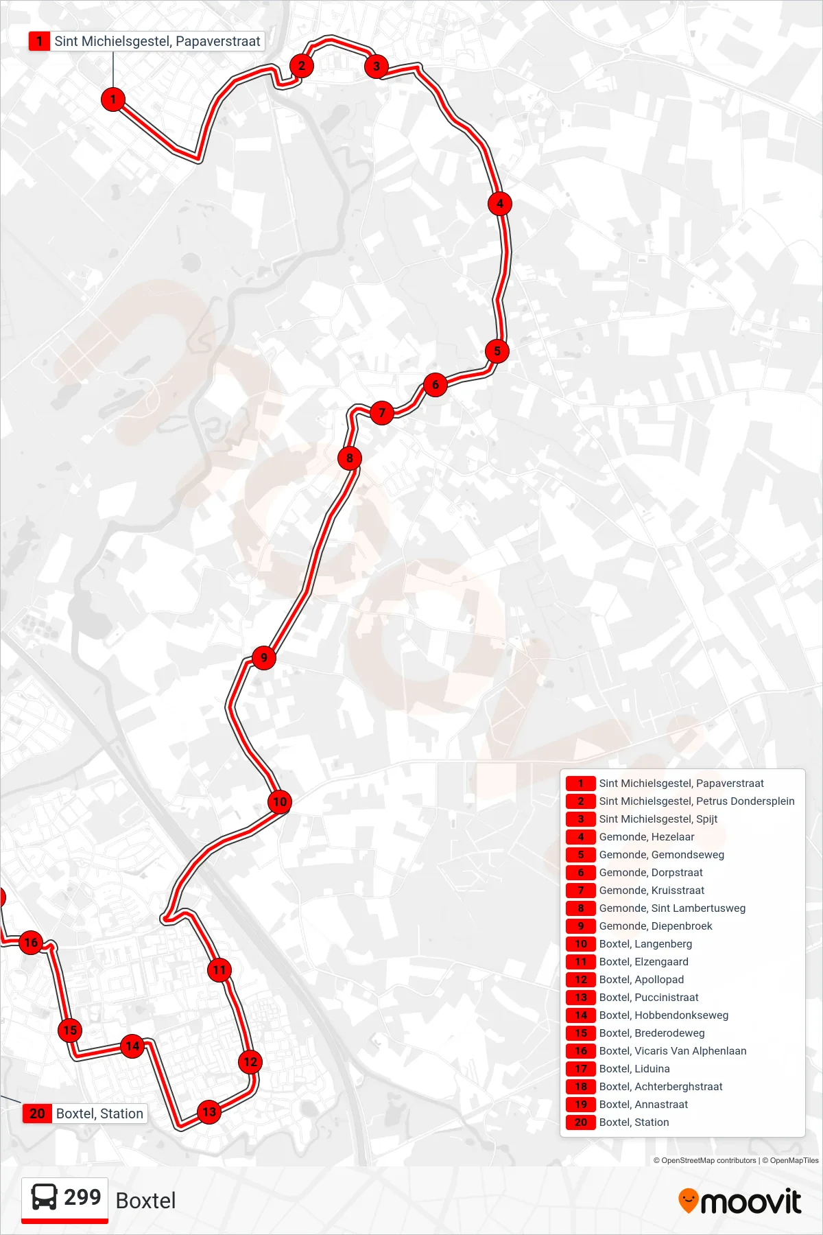 299 bus Line (Boxtel) route and stops on a map