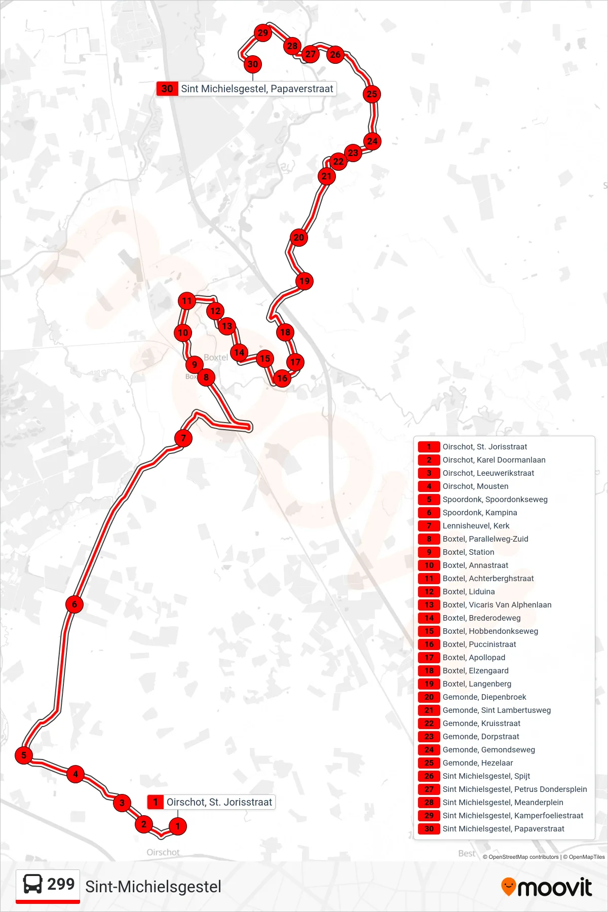 Lijn 299 (bus, Sint-Michielsgestel): route en haltes op de kaart