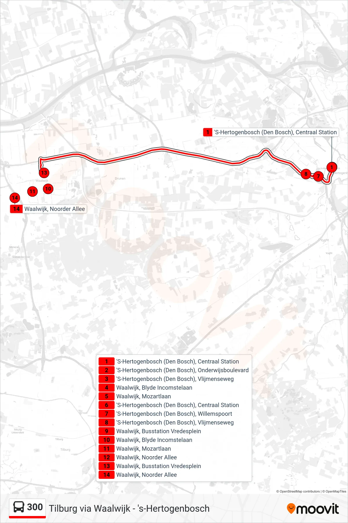 Lijn 300 (bus, Waalwijk): route en haltes op de kaart